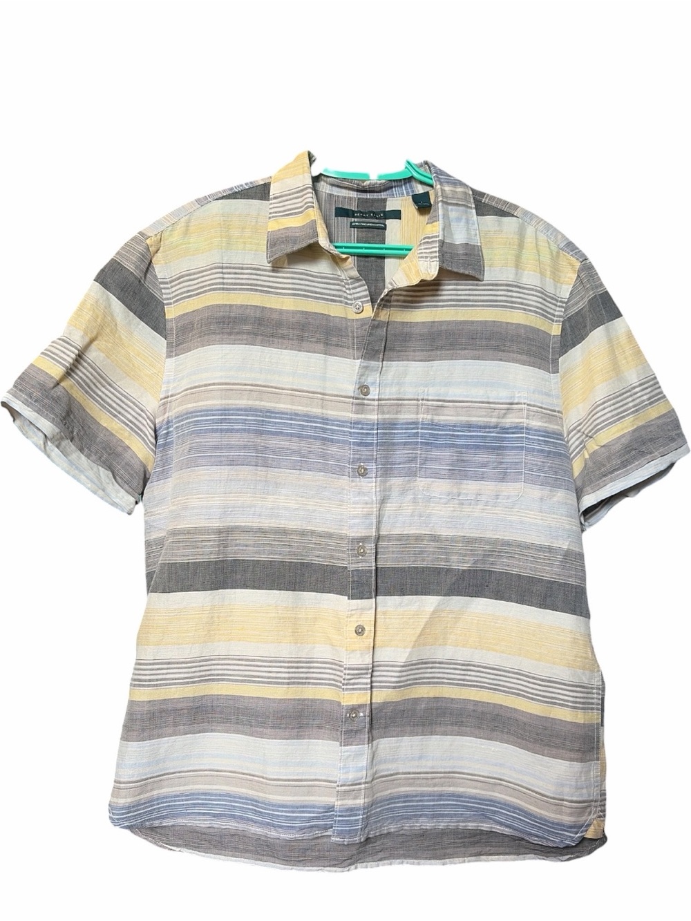Perry Ellis Linen Blend Short Sleeve Striped Button-Down - Yellow, Gray, Blue